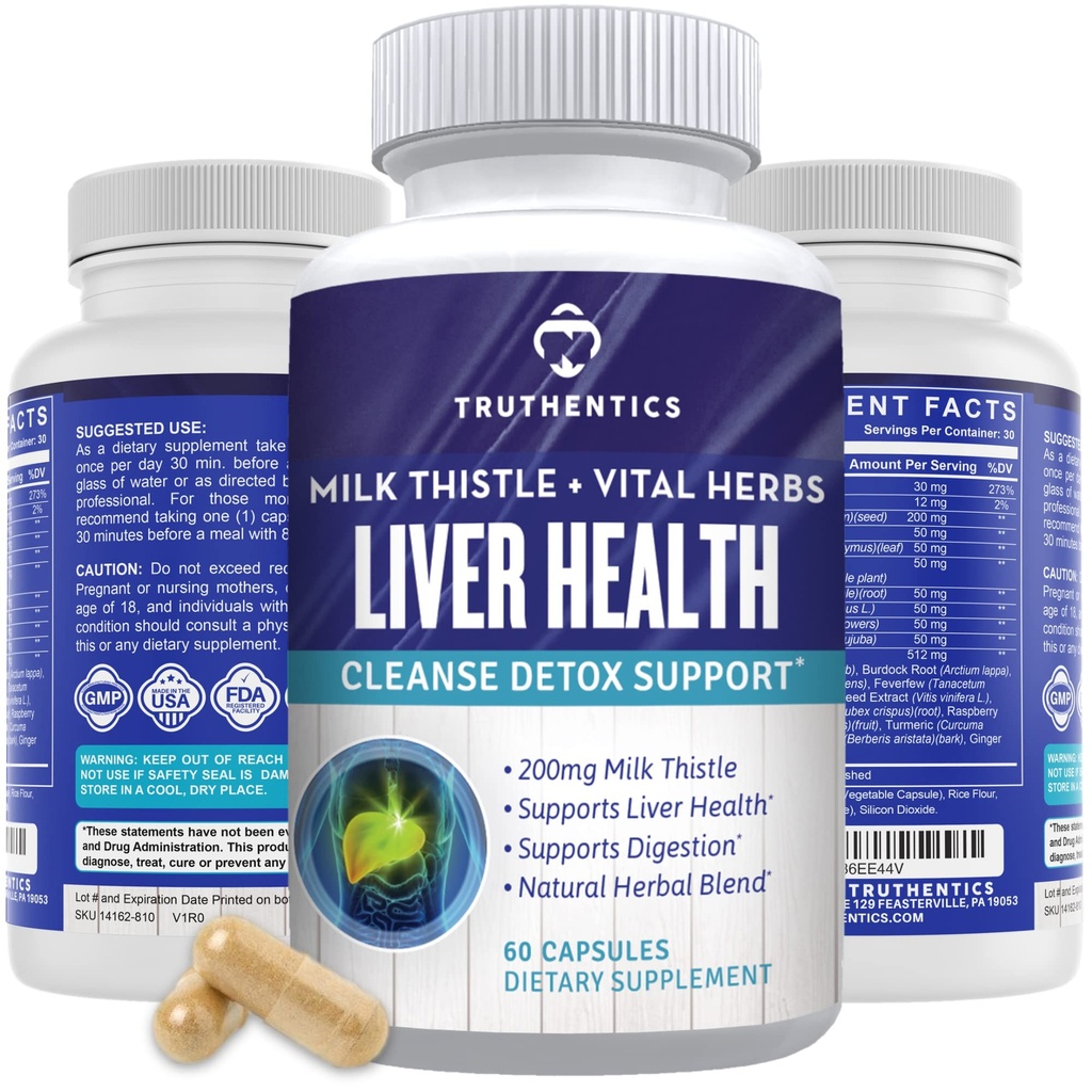 TRUTHENTICS Supplément de santé du foie - Formule de santé du foie de chardon de lait avec extrait d'artichaut, dandelion, curcuma, et plus - Détox naturel pour les hommes et les femmes - 60 capsules