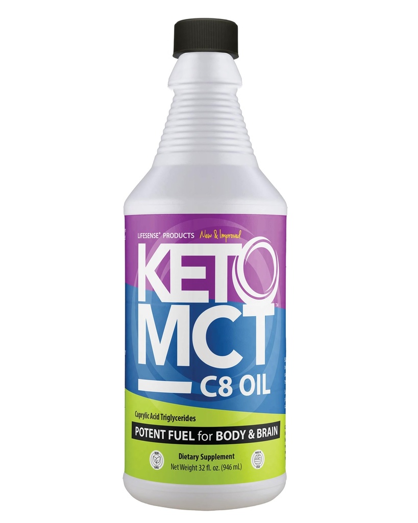 Durée de vie C8 MCT Huile, kéto-friendly, provenant de l'huile de coco, cliniquement prouvé pour augmenter la production de cétones, carburant optimal pour le cerveau et le corps, fabriqué aux États-Unis par PhD Nutrition, 32 oz
