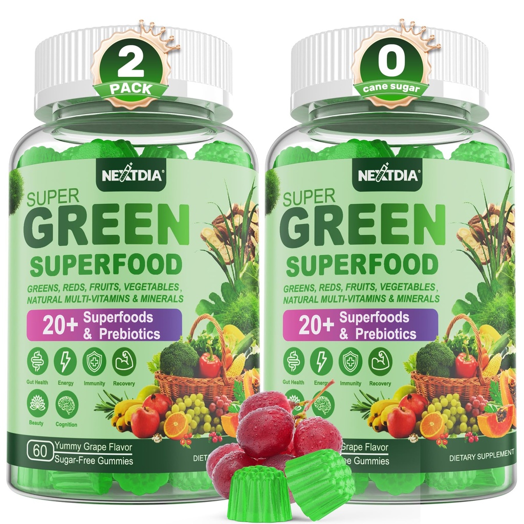 Super Greens Gummis, Greens Superfood Powder Alternative w/Spirulina, Chlorella, Prebiotic Fiber, Probiotic, Fruit Veggie, Daily Fruit Vegetable for Digestive & Gut Health, Immunität, Fokus, 120 Cts