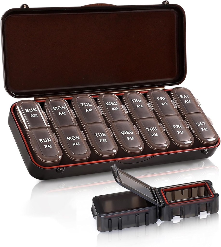 Pill Organizer 2 Mal pro Tag, Wöchentliche Reise Fall für Vitamine, Fischöle + 2 abnehmbare niedliche Boxen (braun)