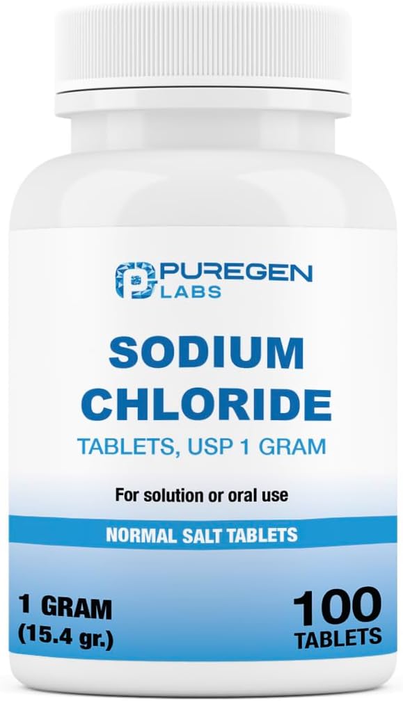Puregen Labs Natriumchlorid Tabletten 1 gm (1000 mg), USP | (15.4gr.) | 100 Count | Normal Salz Tabletten | Made in USA | Elektrolyte Replenisher Trinkgetränk