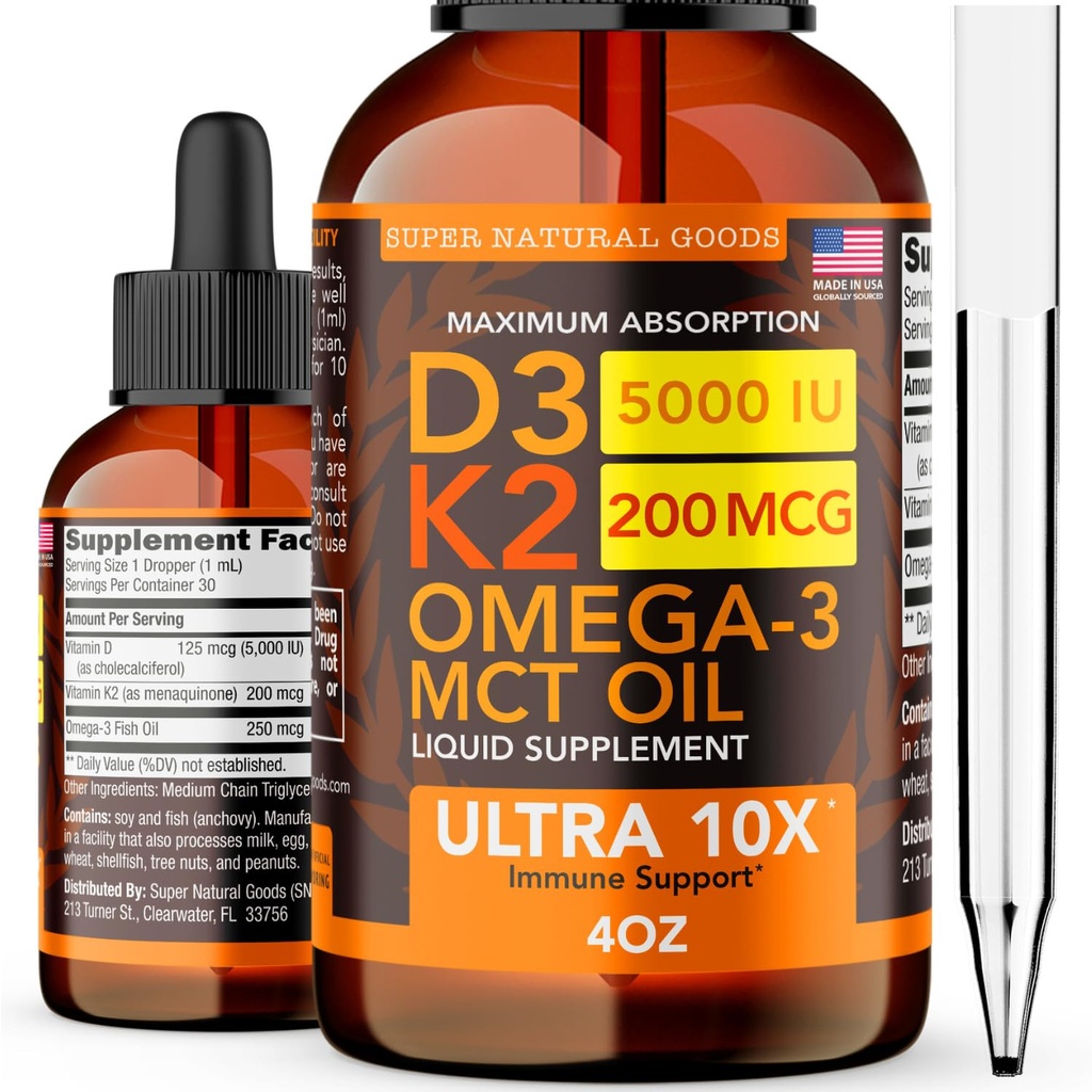 Vitamin D3 K2 Flüssigkeitstropfen 5000 IU (4oz) Maximale Stärke Vitamin D, K, MCT Öl & Omega 3 Knochen, Herz, Gelenk, Muskelunterstützungsergänzung. Schnelle Absorptionsformel. 4 in 1 Complex Formula Non-GMO