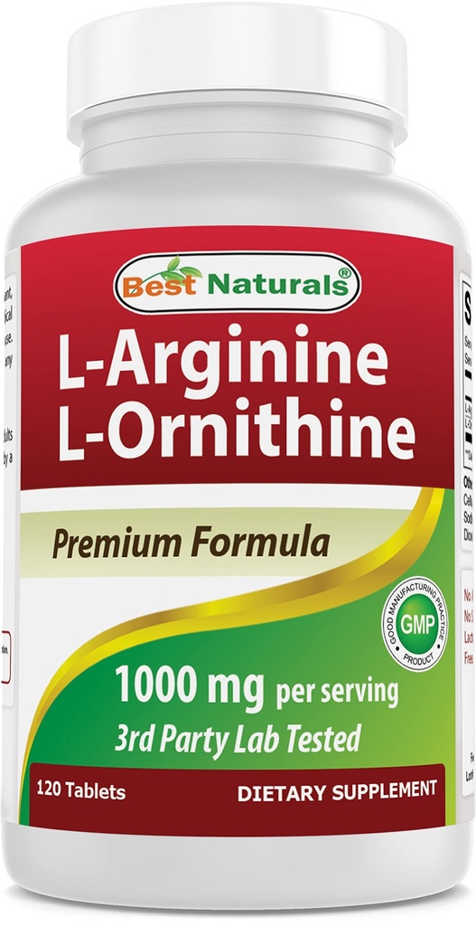 Meilleures naturelles L-Arginine L-Ornithine - 1000mg par portion - 120 comprimés - Sans OGM et sans gluten (120 Nombre (paquet de 1))