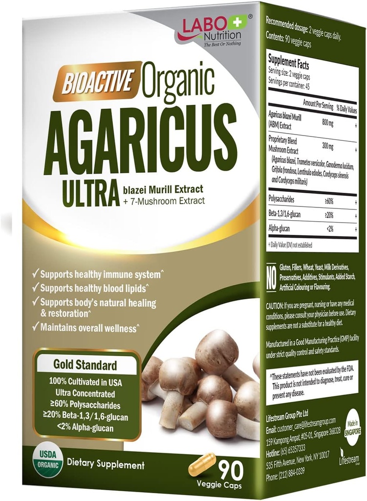 LABO Nutrition Bioactive Organic Agaricus Ultra - 7 Pilzextrakt Supplement Agaricus blazei Murill Cordyceps, Maitake, Türkei Tail, Lingzhi, Shiitake for Advanced Immun Support, USDA Organic