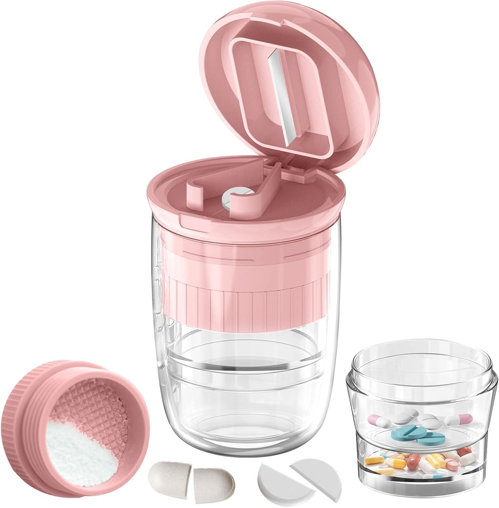 Découpeur de pilules avec distributeur, Découpeur de pilules pour petites ou grandes pilules, Pilules de crus, Vitamines, Comprimés, Lame d'acier inoxydable, Coupe à boire amovible (Pink-1)