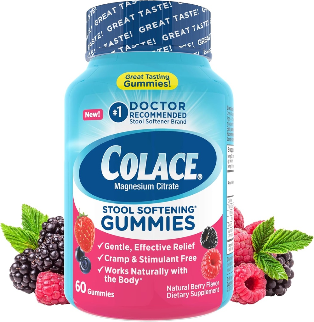 Colace Stool Softener Gummies, Gentle Dependable Constipation Relief Magnesium Citrate Gummies, No.1 Doctor Recommended Stool Softener Brand, Berry Flavored 60ct