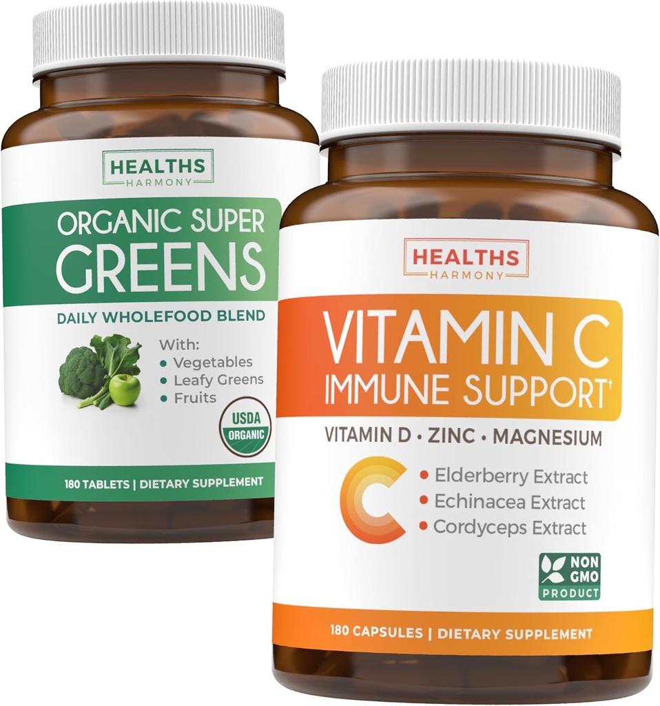 Super Greens & Vitamin C (3-Month Supply) Vitamin Greens Bundle of Organic Super Greends Powder - Complete Superfood (180 Capsules) & Vitamin C Immune Support (180 Vegetarian Capsules)