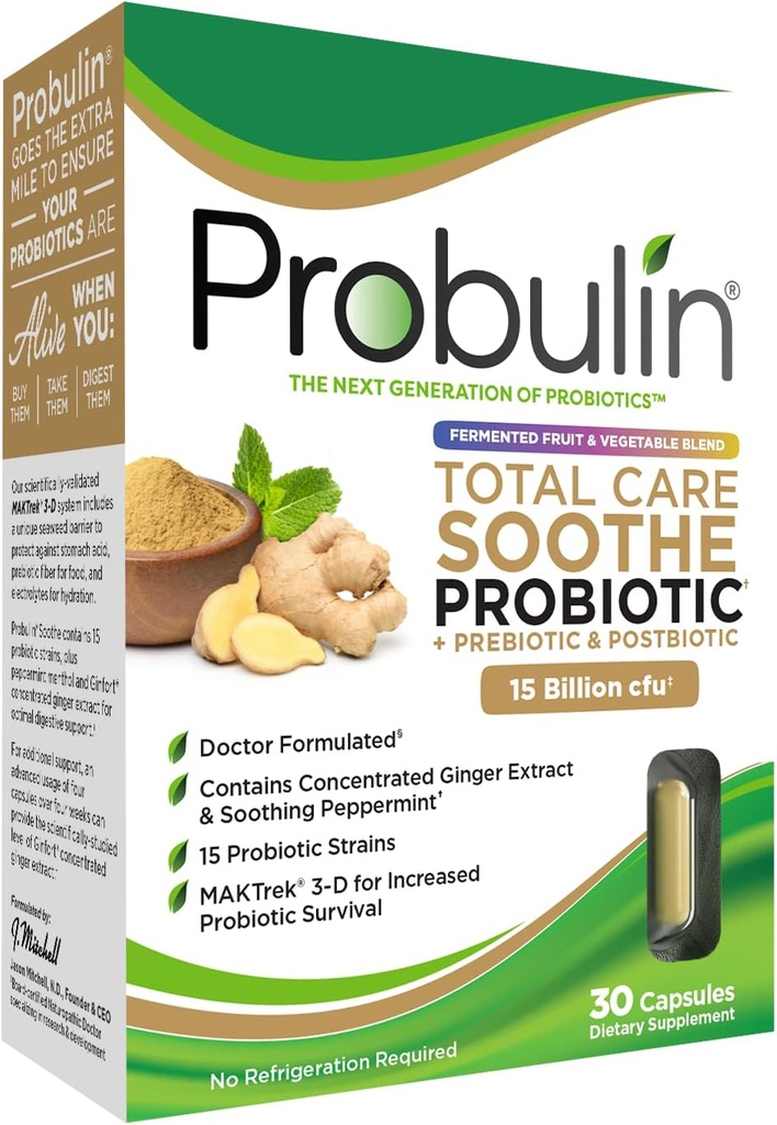 Probuline Soins Total Soothe Prébiotique, Probiotique et Postbiotique + Gingembre et Menthe pour Apaisant Digestion - 15 Million CFU - 15 Straines - 30 Capsules Vegan