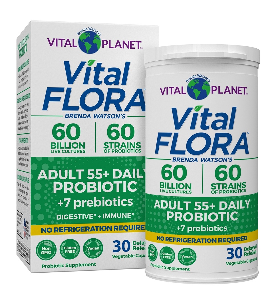 Planète Vitale - Flore Vital Adultes de plus de 55 Milliards de Probiotiques par jour CFU, Dépenses diverses, Prébiotiques organiques, Immune et Table de Santé Digestive Probiotiques stables pour les femmes et les hommes, 30 Capsules