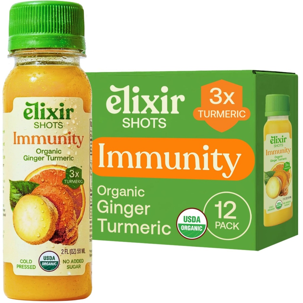 Elixir Shots, Immunity Boost Wellness Shot avec le curcuma pressé à froid, le gingembre, l'orange et le poivre noir, aucun sucre ajouté ou ingrédients artificiels, 12-pack
