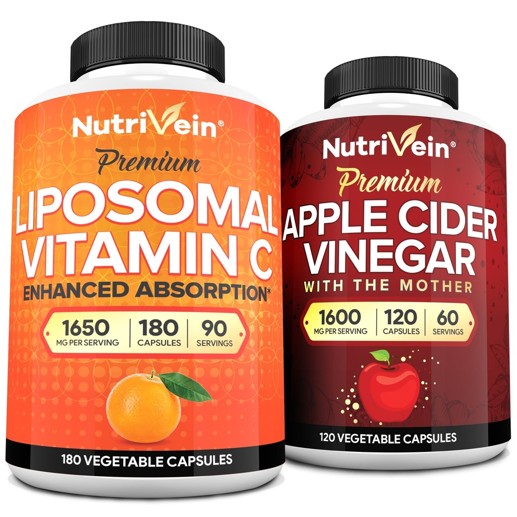 Nutrivein Premium Apfel Apfel Apfelessig Kapseln & Liposomale Vitamin C Supplement Bundle: High-Absorption Vitamin C Kapseln & Apfelessig Ergänzungen Bundle für Immunabwehr & Gut Gesundheit