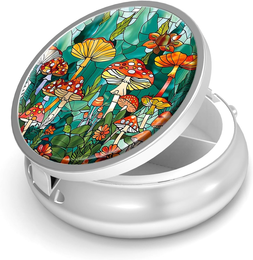 Pille Box-3 Compartment Small Pill Case für Geldbeutel &amp; Tasche Mini Metall Pillenhalter Reisen Pillen Container Nahrungsergänzungsmittel Vitamine BPA-frei (Mushroom Forest)