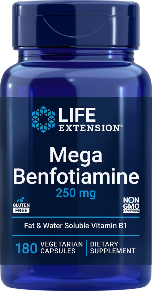 Life Extension Mega Benfotiamine, 250 mg, 180 Veg Caps mit Thiamin - Vitamin B1 Supplement
