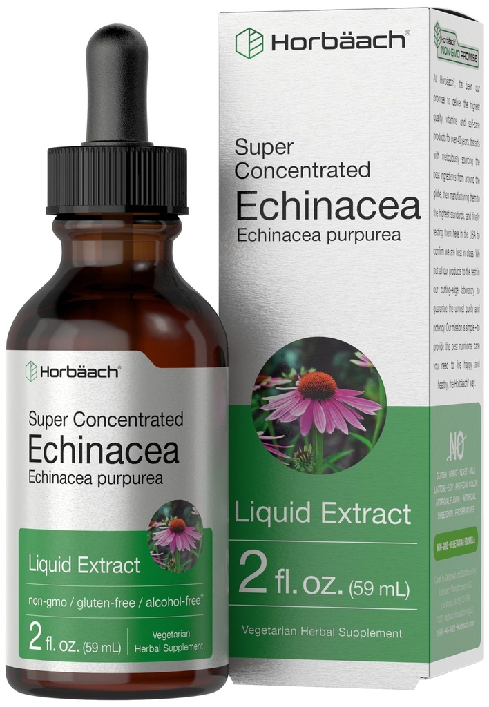 Horbaach Echinacea Drops Herb Tincture | 2 fl oz | Super Concentrated Root Extract | Alcohol Free Liquid | Vegetarian, Non-GMO & Gluten Free Supplement