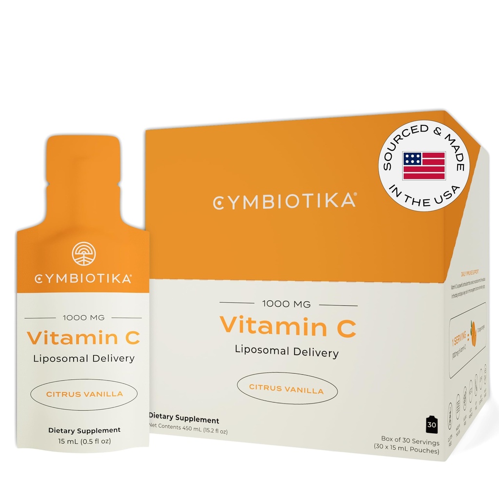 CYMBIOTIKA Vitamin C Einzelpackungen, Liposomale Lieferung, Ergänzung für Immununterstützung, Collagen Boost, & Gesunde Alterung, Haut Hydration Packets, Citrus Vanilla Flavor, 30 Count