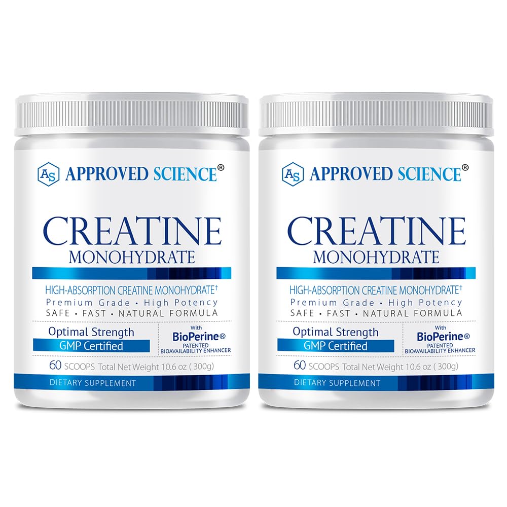 Poudre monohydratée de créatine avec biopérine approuvée - Soutien d'entraînement - 120 portions - 5g par portion - Sans aromatisé - Pack de 2 - Non-OGM, Vegan