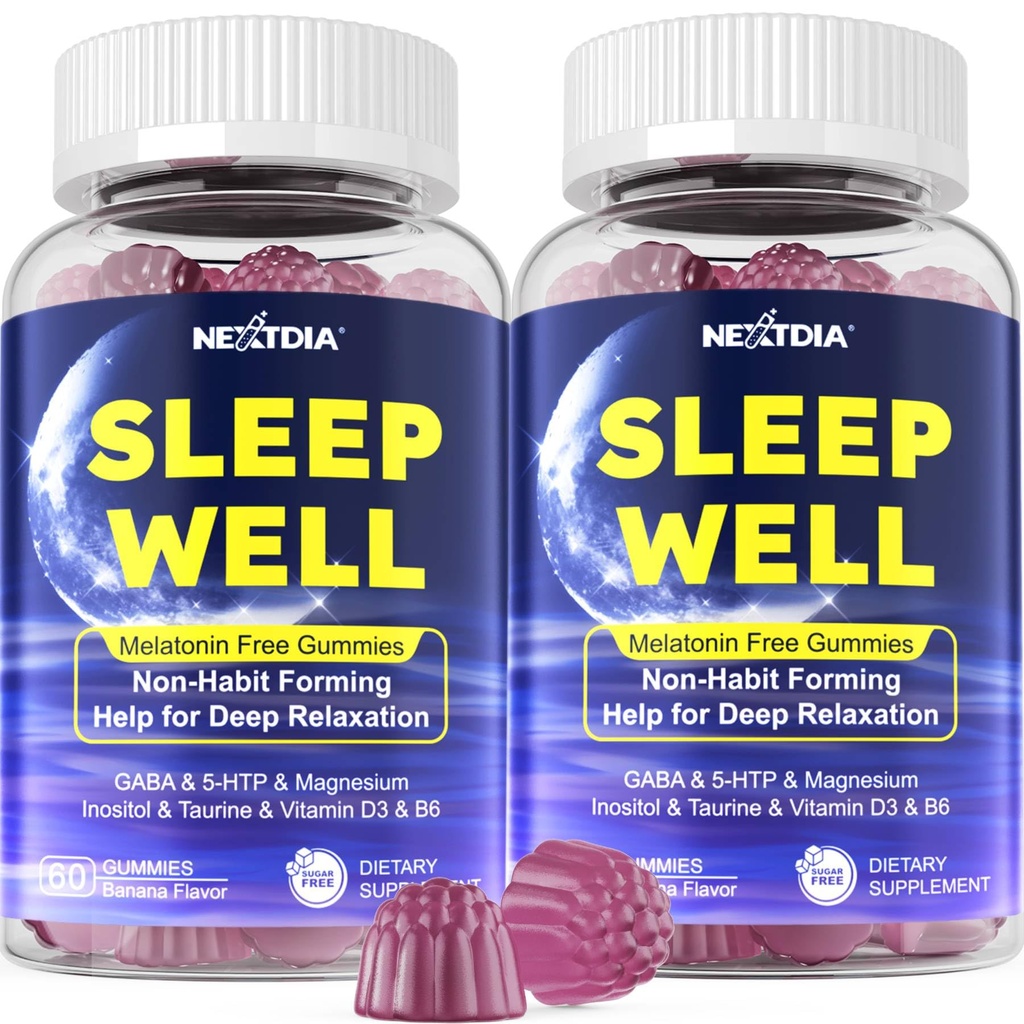 Gommies de sommeil sans mélatonine avec glycinate de magnésium, GABA, 5-HTP, L-Theanine, Valérien, Camomille, Baume de citron, Vitamine D3 et B6 - Hormone et drogue- Sans, non-Habit Forming,2 Pack