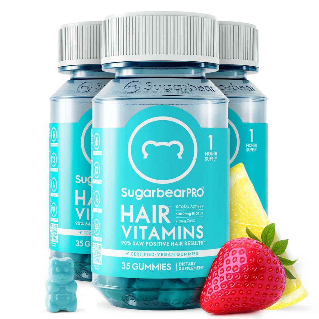 SugarBearPro Vitamine Gummy 3 mois d'approvisionnement Biotine Extra Strength 6000mcg, Croissance pour les hommes et les femmes, Vitamine végétalienne B12, MSM, Inositol, Omega 3, Elderberry, Certifié Kosher, Halal, Sans cruauté