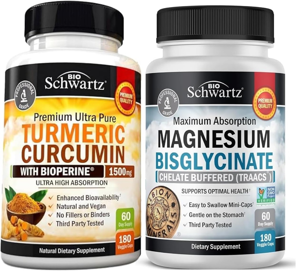 Curcumine curcumine avec extrait de poivre noir 1500mg complexe (1 mois d'approvisionnement) Plus haute absorption Capsules de bisglycinate de magnésium (2 mois d'approvisionnement)