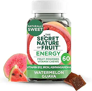La nature secrète de la beauté fruitière Chews, Vitamines aux vrais fruits avec des vitamines A & E, Biotine, CoQ10, Fraise et grenade pour cheveux sains, peau et ongles, Gummy, (60 comte)
