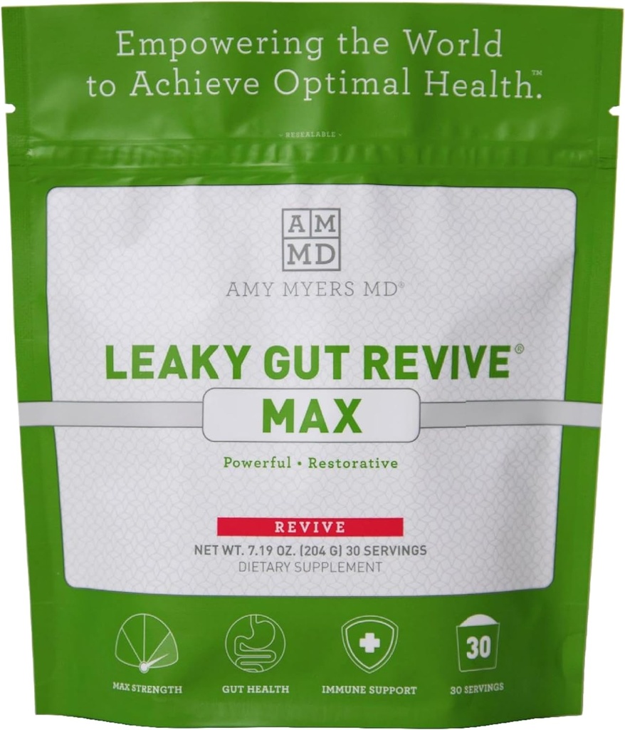 Amy Myers MD Leaky Gut Revive MAX Pulver für Leaky Gut Repair “ Potent L-Glutamin Pulver zur Unterstützung der Verbrauch, IBS, Durchfall, Bloating, Gas, SIBO “ Pflanzenbasierte Ergänzung für Gut Gesundheit, 1 Monat