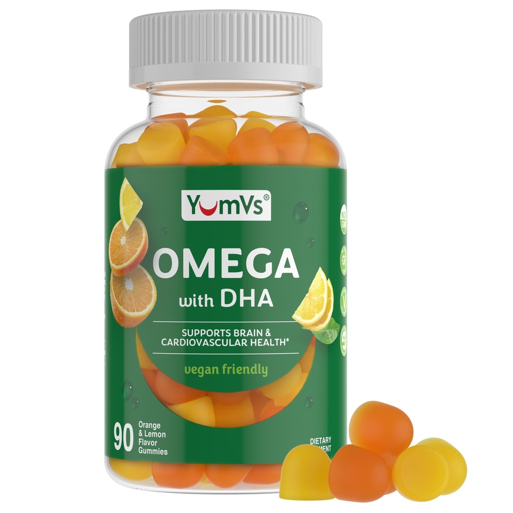 Vegan Omega 3 Supplément Gummies – Huile d'algues Vegan DHA – Huile de poisson alternative avec lin et algues – Non-OGM, Non Carrageenan – Heart, Cerveau et Eye Support – Citron et Orange – 90 Gummies