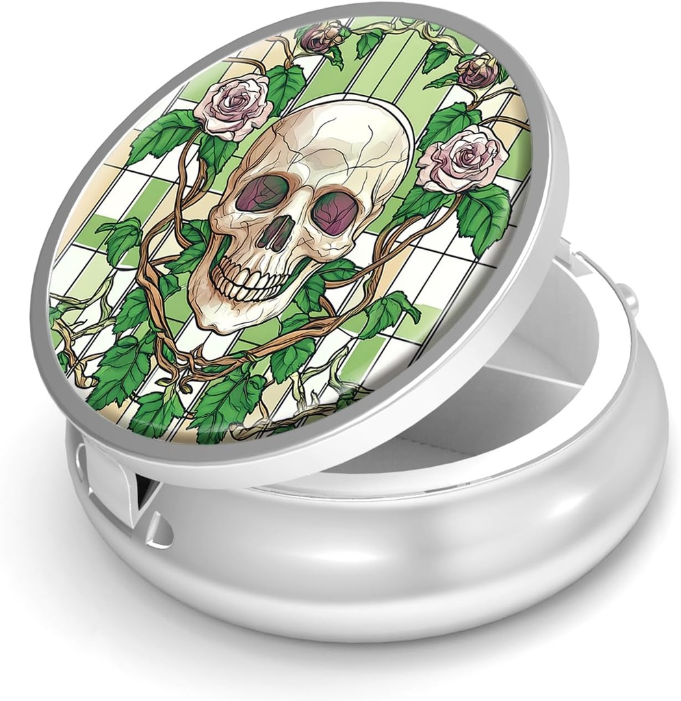 Pille Box-3 Compartment Small Pill Case für Geldbeutel &amp; Tasche Mini Metall Pillenhalter Reisen Pillen Container Nahrungsergänzungsmittel Vitamine BPA-frei (Skull und Rose)