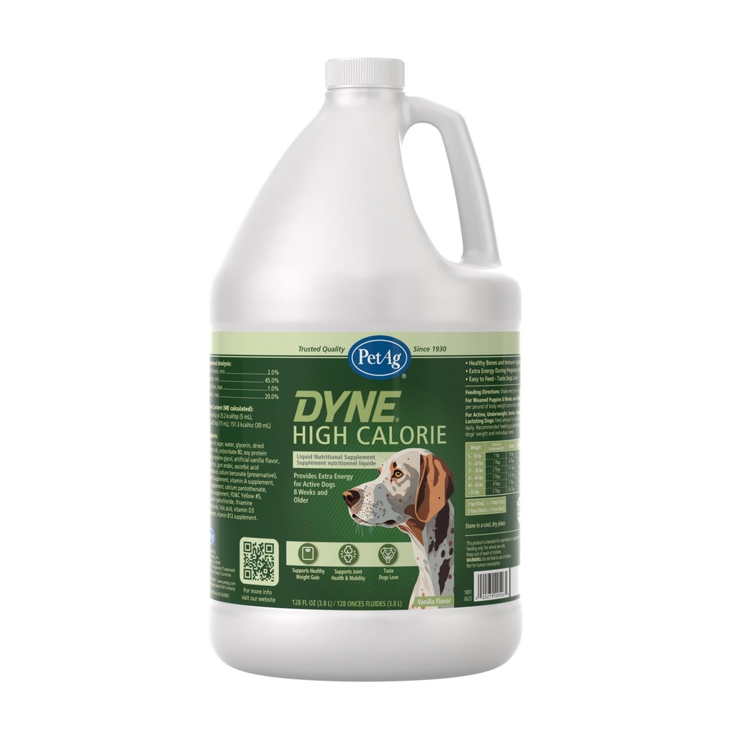 PetAg Dyne Supplément nutritionnel liquide à haute teneur en calories pour chiens et chiots 8 semaines et plus - 1 Gallon - Soutient la performance et l'endurance - Sweet Vanilla Flavor