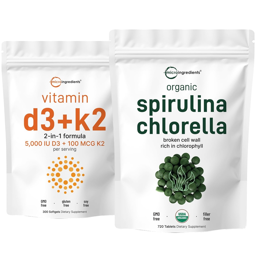 Micro Ingrédients Bio Chlorella Spiruline 3000mg Comprimés et Vitamine D3 5000iu + K2 Ensemble de 100mcg 2 Pack