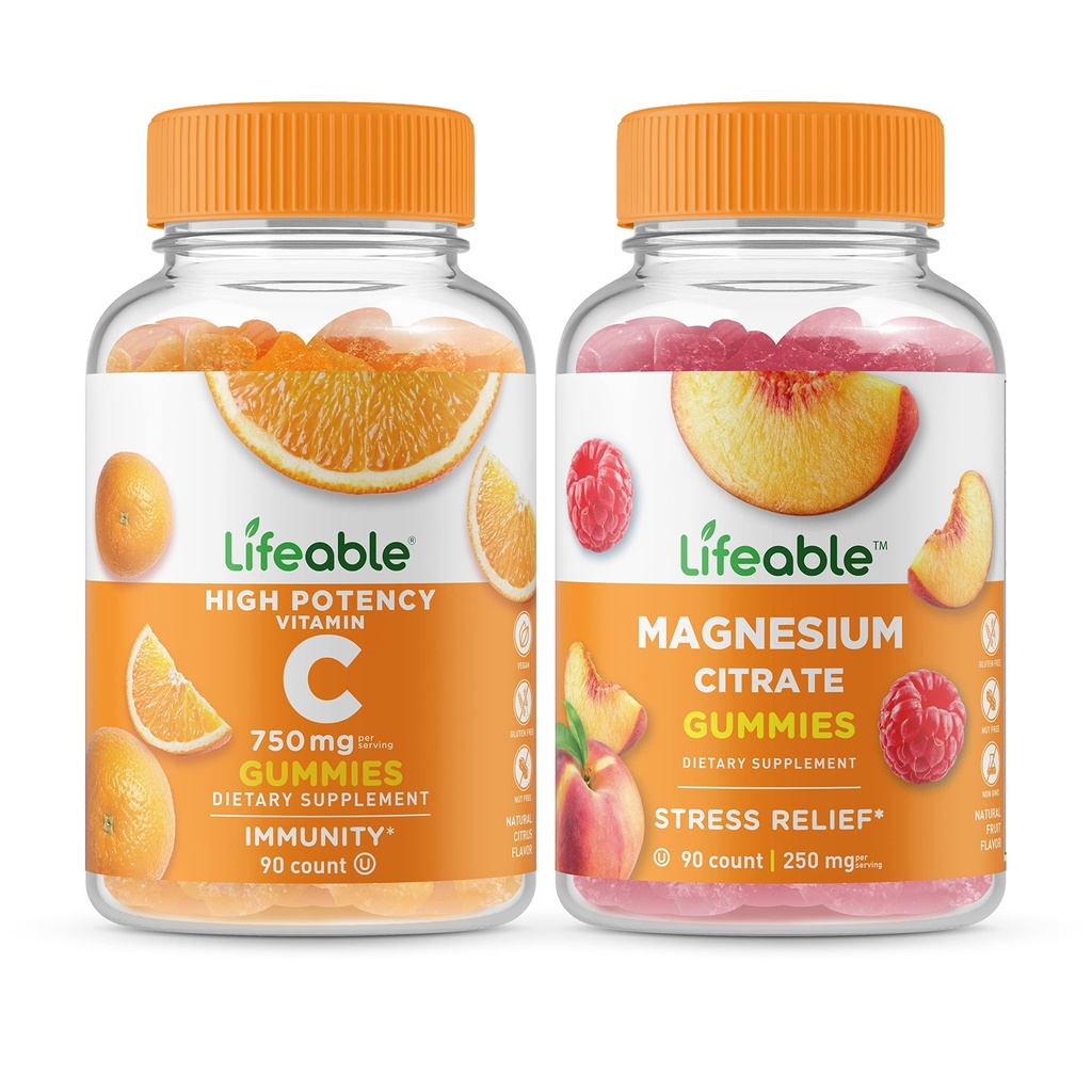 Lebensfähiges Vitamin C 750mg + Magnesium 85mg, Gummie Bundle - Große Verkostung, Vitamin-Ergänzung, Glutenfrei, GVOfrei, Kaugummi
