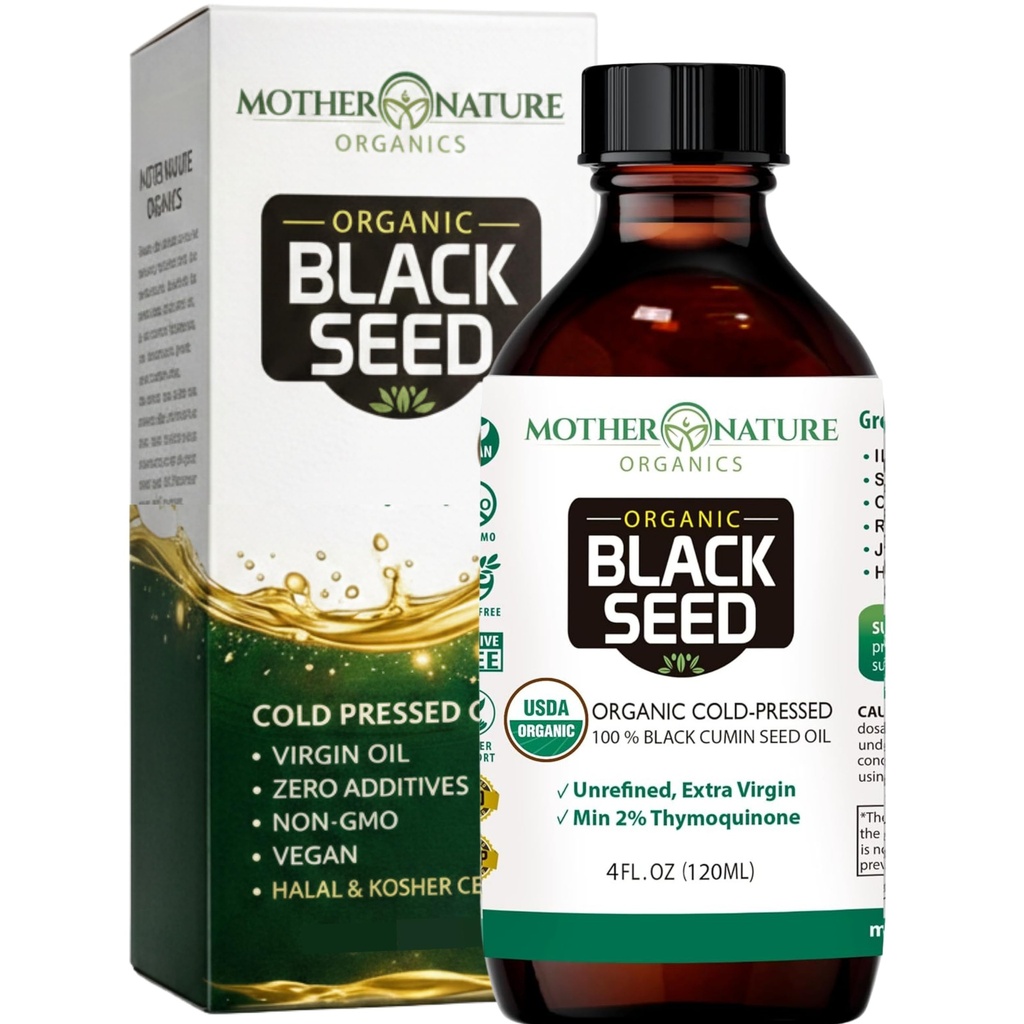 Mutter Natur USDA Organic Black Seed Oil – Kalt gepresst, Unrefined & Vegan Nigella Sativa, High Thymoquinone (2%+), Omega 3 6 9 für Immun, Joint & Heart Support, Hair & Skin, Non-GMO, 4oz