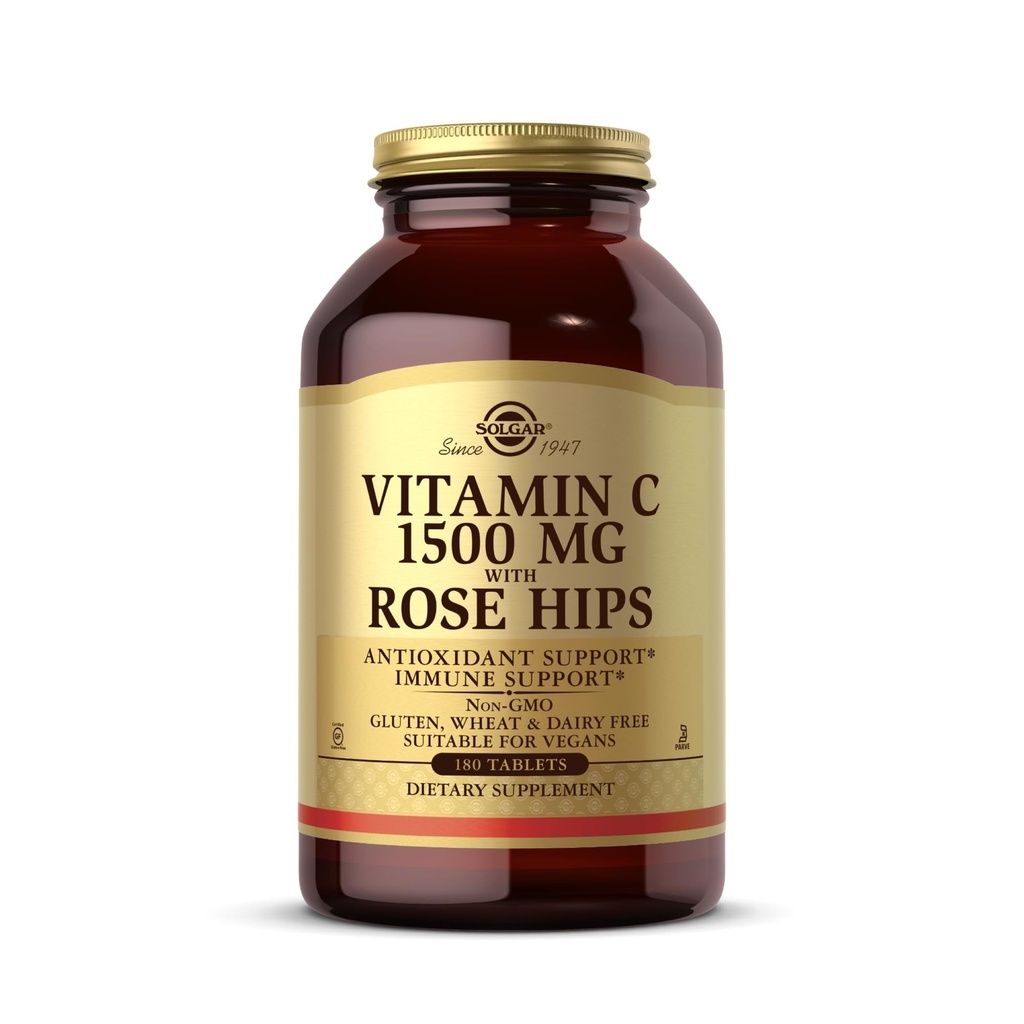 Solgar Vitamine C 1500 mg avec des hanches roses, 180 comprimés - Antioxydants et immunosupport - Santé globale - Soutiens peau et articulations saines - Non OGM, végétalien, sans gluten, sans lait, sans casher - 180 portions