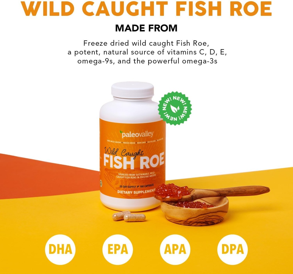 Paleovalley Wild Caught Fish Roe - DHA/EPA, Full Spectrum Omega -3 Fettsäuren - Entzündung, Vision, Stimmung, Immunität Boost - 28 Servierungen