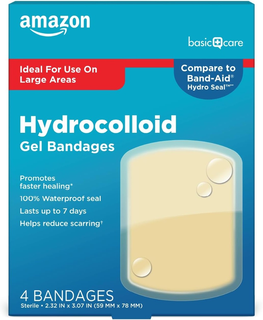 Amazon Basic Care Advanced Fast Healing Hydrokolloid Gel Bandagen, große Wund Dressing, 4 ct