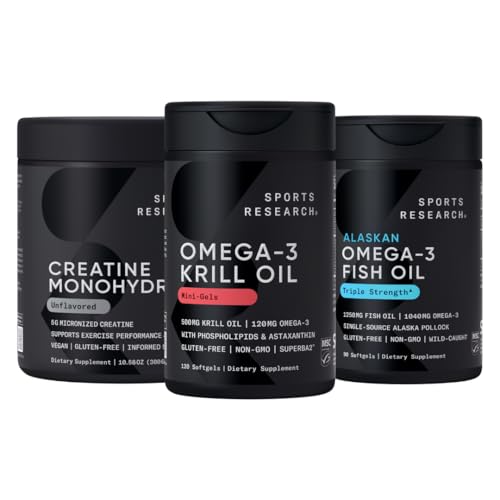 Recherche sportive Monohydrate de créatine amélioré par l'Oméga Power House Antarctic Krill & Fish Oil avec Triple Strength EPA DHA et Phospholipides, Choline & Astaxanthin - Pour Champions