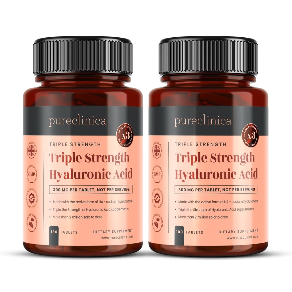 purclinica Acide hyaluronique 300mg x 360 comprimés (2 bouteilles de 180-12 mois d'approvisionnement). Acide hyaluronique triple résistance. 300% plus fort que tout autre comprimé HLA.