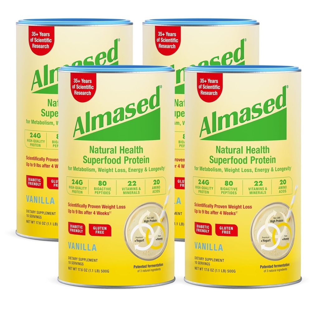 Almased Vanille Meal Ersatz Shake - Low-Glycemic High Plant Base Protein Powder- Nutritional Weight Health Support Supplement - Vanilla Flavor - 17.6 Unze (1.1 Pfund (4 Pack)