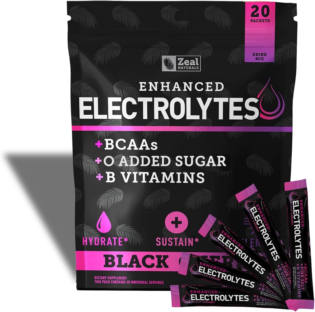 Verbesserte Elektrolyt-Pulver-Stick-Packs (schwarze Kirsche | 20 Pakete) w/ 0 Zucker + BCAAs +B-Vitamine Elektrolyt-Ergänzung mit Kalium Zink & Magnesium für Hydration - Keto Elektrolyte