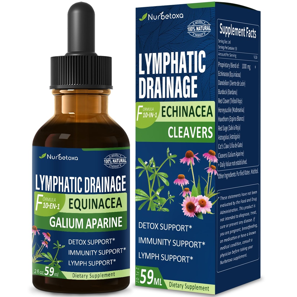Cleavers Drainage lymphatique gouttes pour le nettoyage du système de détox Lymphème, Lymphedema Supplément de soutien Formule w/Echinacea, Cats Claw, Red Clover Extract Tecture, Utilisation avec outil de massage Lymph. 2oz