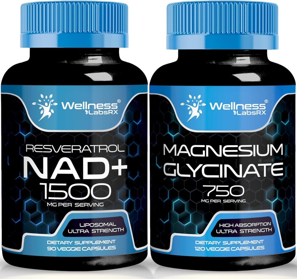 Magnesium Glycinat Kapseln - 750mg - Magnesium Supplement Hohe Absorptionsergänzung ♥ NAD Ergänzung, 1500mg - Liposomal NAD+ Ergänzung mit Resveratrol