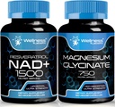Magnesium Glycinat Kapseln - 750mg - Magnesium Supplement Hohe Absorptionsergänzung ♥ NAD Ergänzung, 1500mg - Liposomal NAD+ Ergänzung mit Resveratrol