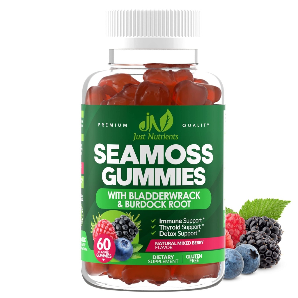 Sea Moss 3000mg Gummi mit Bladderwrack und Burdock Root - Natural Irish Sea Moss für Immun-, Schilddrüsen- und Detox-Unterstützung - Extra Strength, Great Tasting - Glutenfrei, Vegan - 60 Gummies