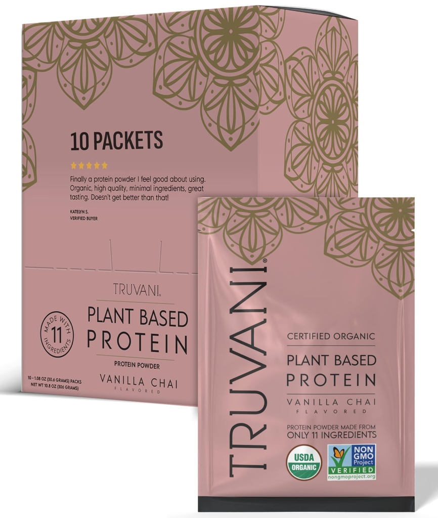 Truvani Vegan Pea Protein Pulver | Vanilla Chai | 20g Bio-Pflanzen basiertes Protein | Single Servieren Reisepakete | 10 Servierungen | Keto | Gluten & Dairy Free | Low Carb | Kein hinzugefügt Zucker