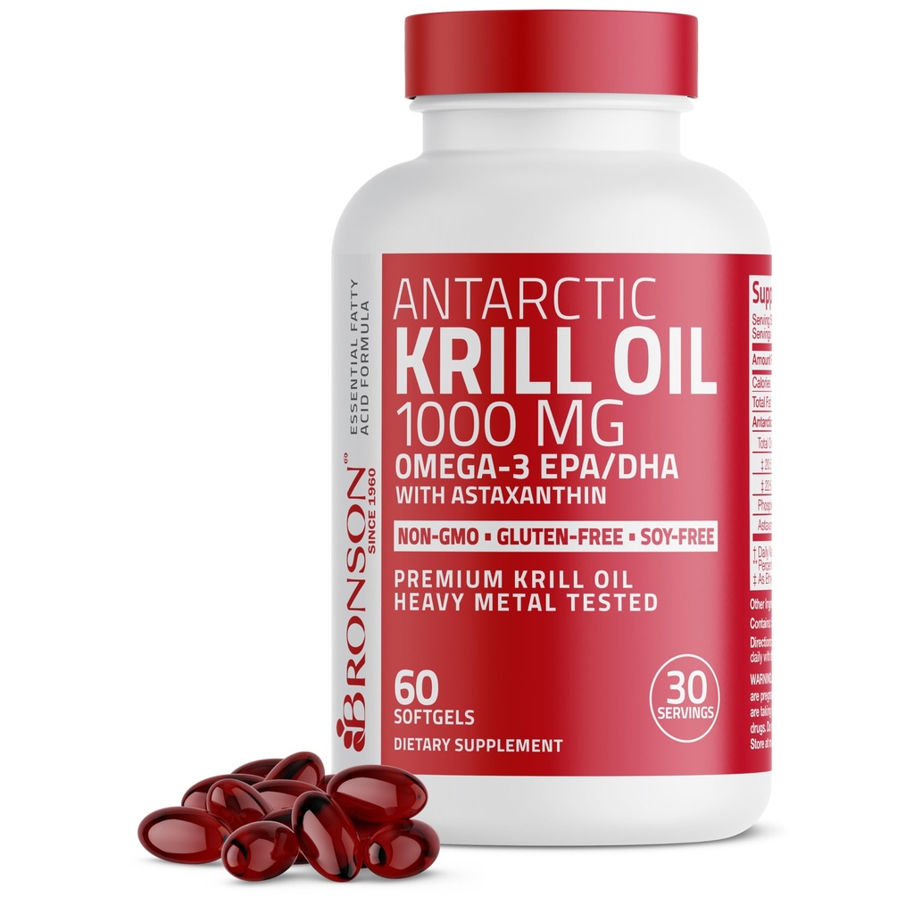 Bronson Antarctic Krill Oil 1000 mg mit Omega-3s EPA, DHA, Astaxanthin und Phospholipiden 60 Softgels