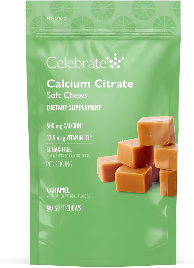 Celebrate Vitamine Bariatric 500mg Calcium Citrate Weichkäse mit 500 IU Vitamin D3 – essentiell für Magen-Bypass-Patienten & Knochengesundheit - Zucker & Glutenfrei, Karamell (90 Kauen)