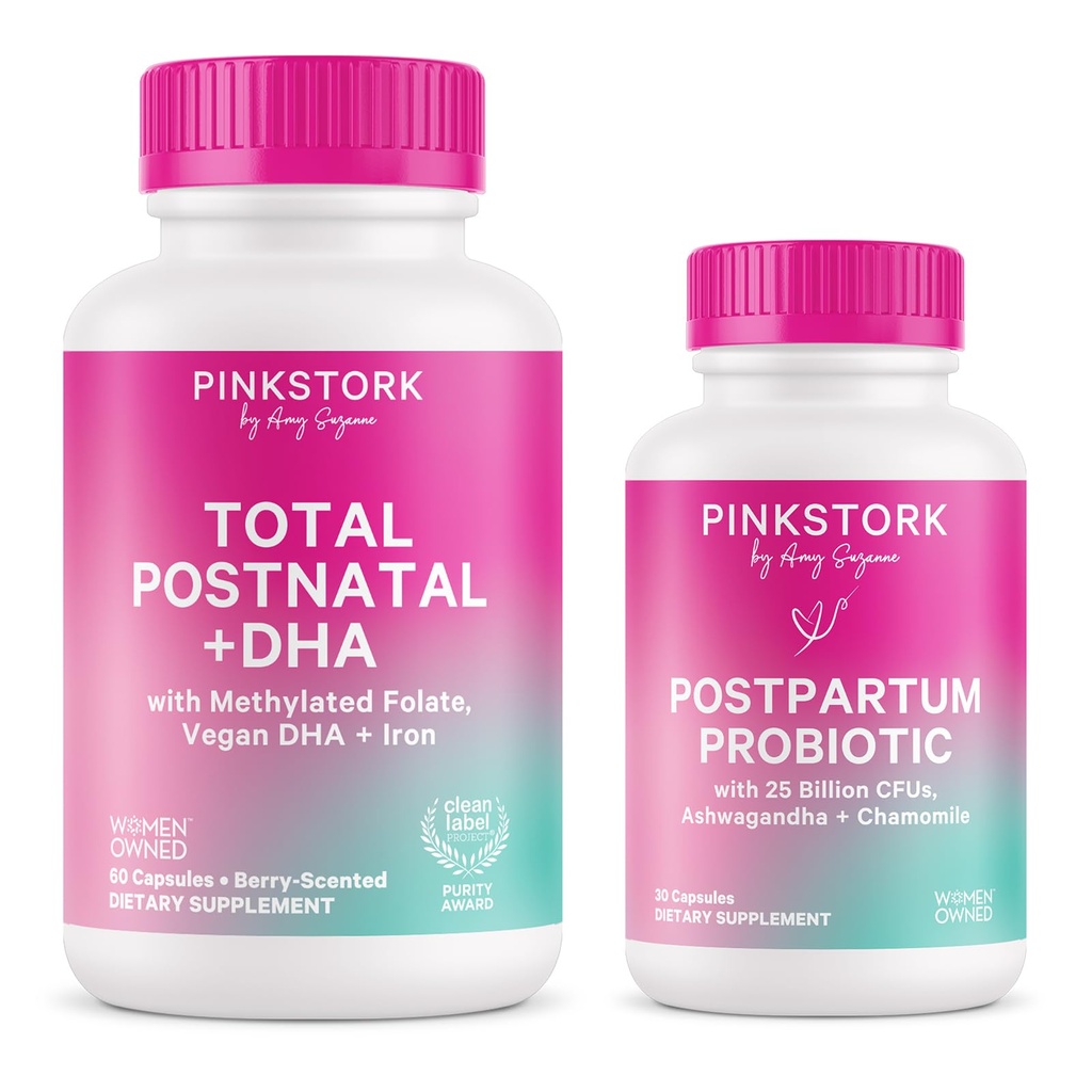 Pink Stork Multivitamine postnatale + Probiotiques avec DHA végétalien, Ashwagandha, Fer, Folate, B12 - soutient l'équilibre hormonal, la récupération postpartum, la santé Gut, et la digestion - Pack de 2
