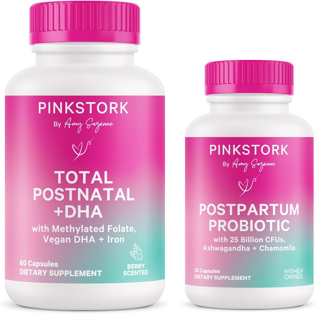Pink Stork Postnatal Multivitamin + Probiotika mit Vegan DHA, Ashwagandha, Eisen, Folate, B12 - Unterstützt Hormon Balance, Postpartum Erholung, Gut Health, & Digestion - Paket von 2