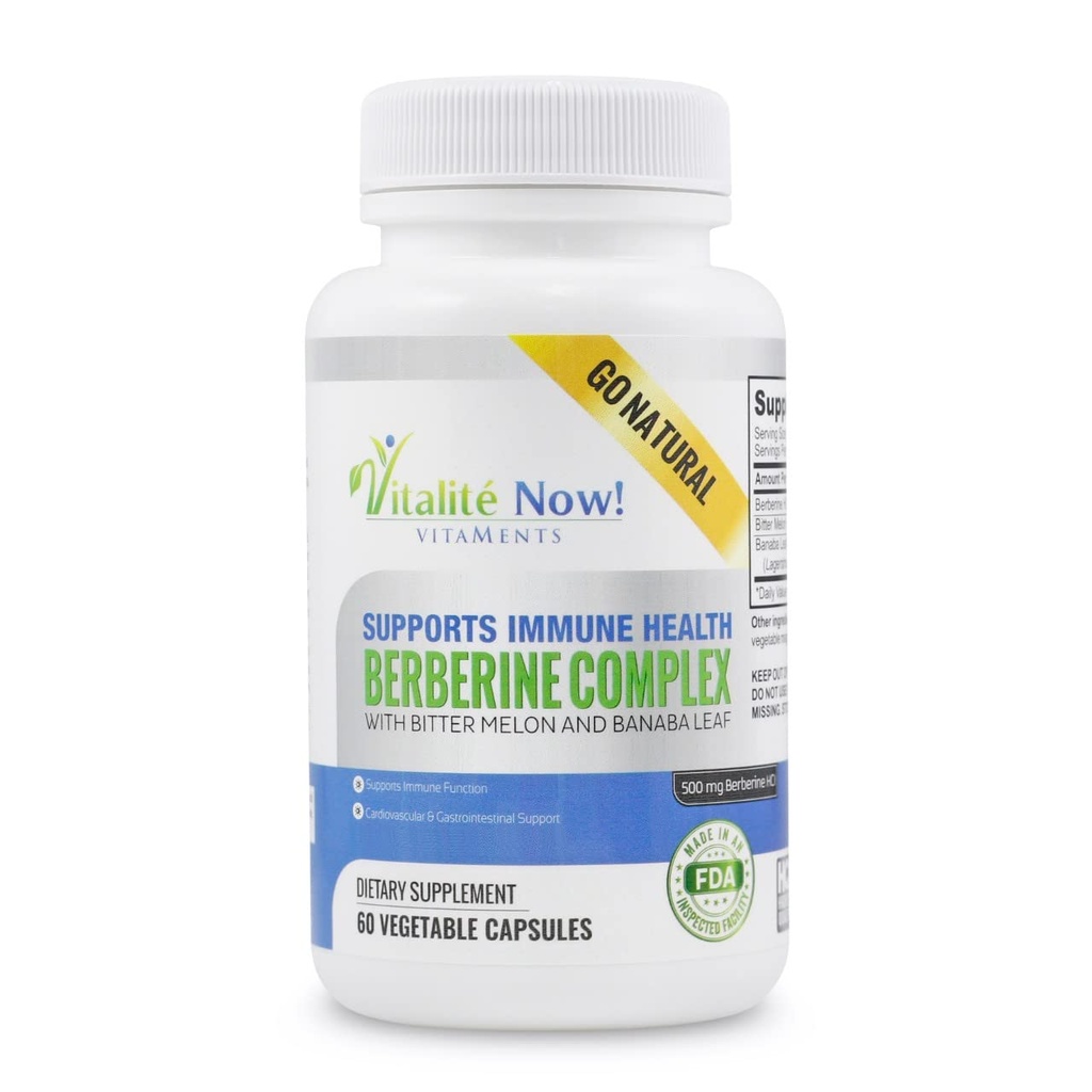 Berberine à haute concentration 500mg + Bitter Melon & Banaba - Santé du système immunitaire - Soutien cardiovasculaire et gastro-intestinal - 60 Capsules végétariennes