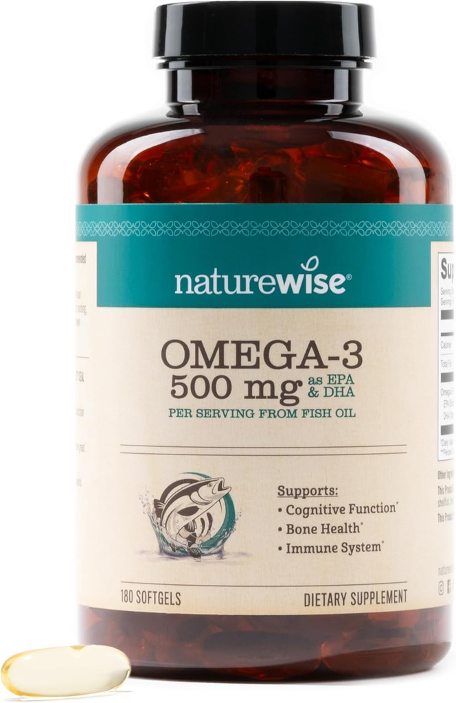 NatureWise Omega 3 Fish Oil - 500 mg per Pill - EPA & DHA - Immune Support, Brain Health & Optimal Wellness - Gluten and Soy Free, Non-GMO - 180 Softgels[6-Month Supply]