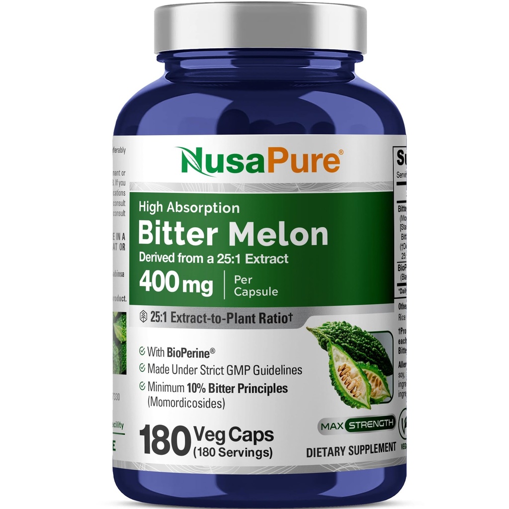 NusaPure Bitter Melon Extract 10.000 mg 180 Vegan Caps (100% Vegetarisch, Non-GMO, Glutenfrei, 10% Bitter Principles) Bioperine